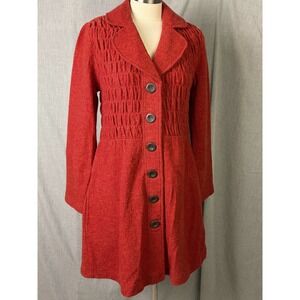 Luii 100% Wool Burnt Orange Fit & Flare Coat Smocked Waist Button Jacket M